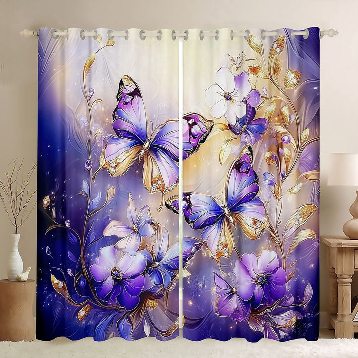 Erosebridal Chic Vintage Flowers Black Out Curtains For Teens Adults,Purple Golden Butterflies Curtains Pack of 2 (42x63 Each) For Girls