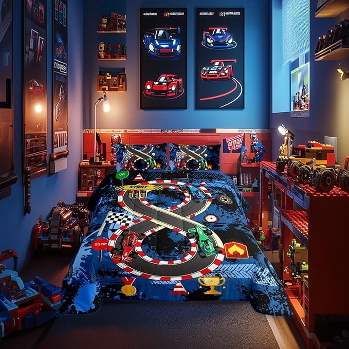 Racing Track Boys Bedding Comforter Sets Full,Teens Cartoon Extreme Sports Race Car Bedding Set for Bedroom Decoration