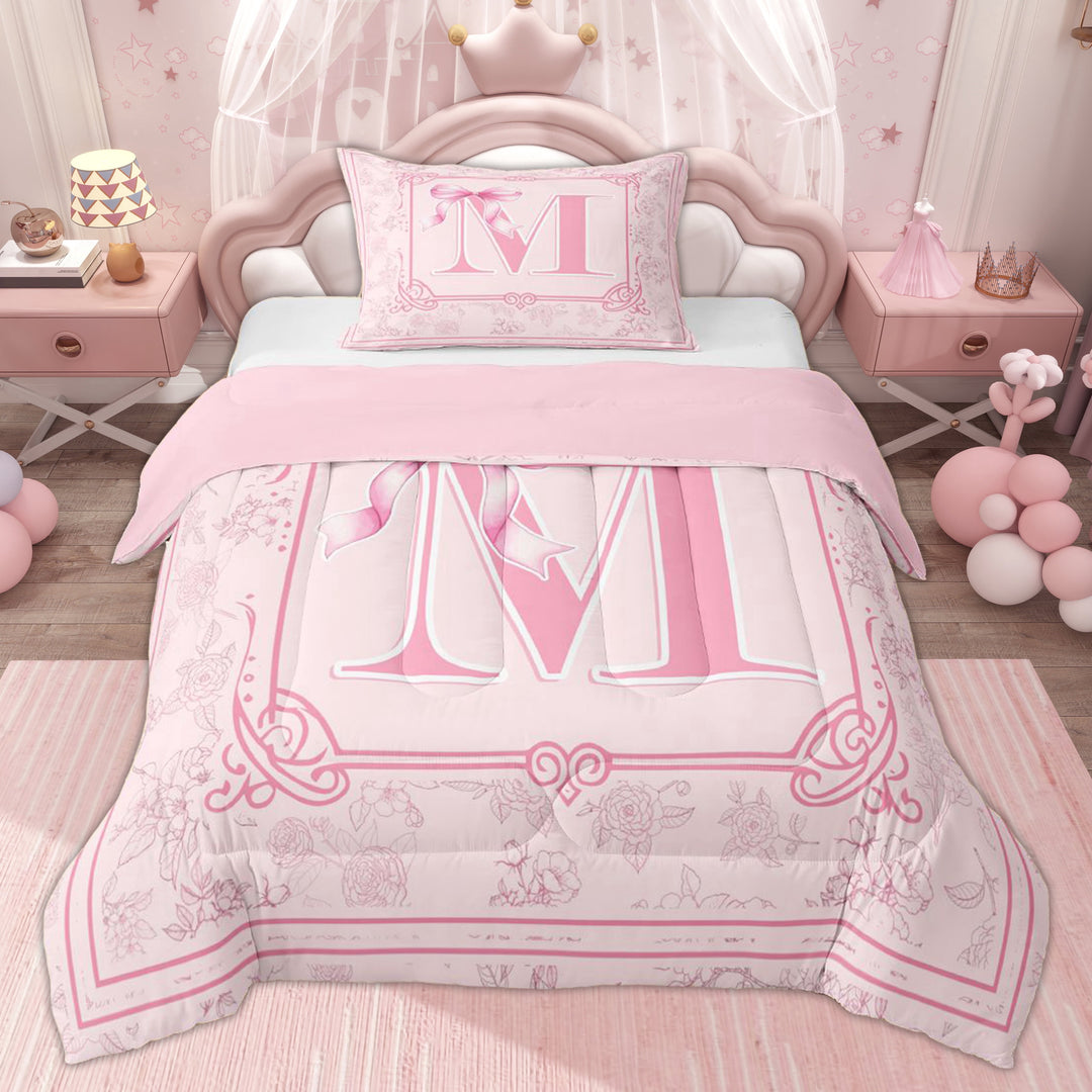Erosebridal Princess Bow Monogrammed Girls Twin Comforter Sets, Cute M Letter Bedding Set, Pink Reversible, 2 Pieces