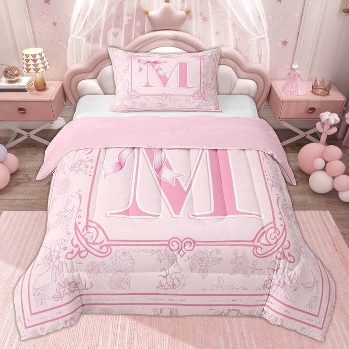 Erosebridal Princess Bow Monogrammed Girls Twin Comforter Sets, Cute M Letter Bedding Set, Pink Reversible, 2 Pieces