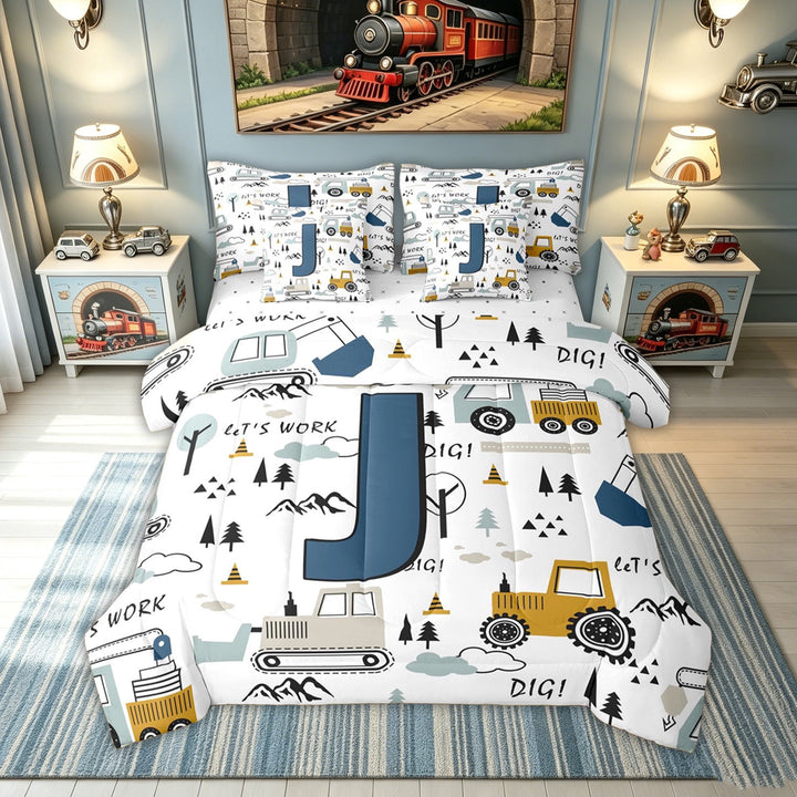 meiyoeat Construction Letter J Full Size Bedding Sets, Cartoon Truck Full Size Bed in a Bag for Kids Boys, Blue, Reversible, 7pcs