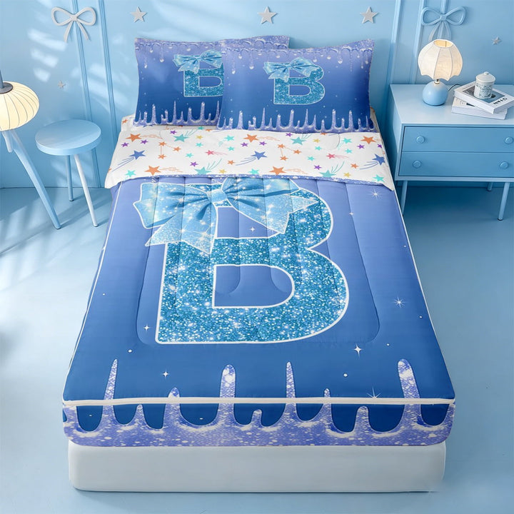meiyoeat Ice Drip Initial B Zipper Twin Comforter Sets with Fitted Sheet and 2 Pillowcases,Blue Sparkling Print Bow Zipper Bedding Set For Girl,Colorful Stars Reversible,4 Pieces
