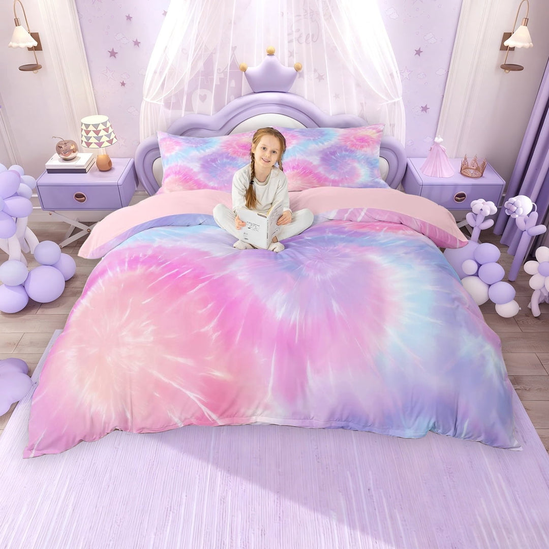 Erosebridal Rainbow Tie Dye Duvet Cover Set for Girls, Purple Pink Bedding Full, Pink Reversible, 1 Duvet Cover and 2 Pillowcases (No Comforter)