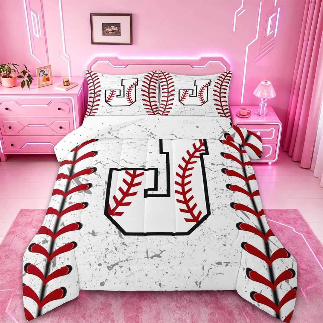 Manfei Initial Letter J Full Size Comforter Sets,Baseball Sport Bedding Comforter Set,Ball Gamer Gaming Bedding Sets For Boys Kids,Breathable Bedroom Decoration Reversible,3-Piece