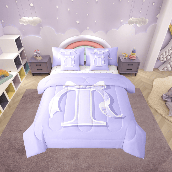 Erosebridal Initial I Letter Bed in a Bag Twin size, Princess Bow Bed Set, Purple Monogrammed Reversible Bedding Twin Size, Microfiber Room Decor, 7 Pieces