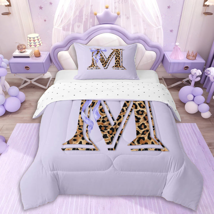Erosebridal Purple Bowknot Letter Monogrammed M Twin Comforter Sets 3-Piece For Girls,Teens Animal Leopard Print Bedding Set,Super Cozy Room Decor