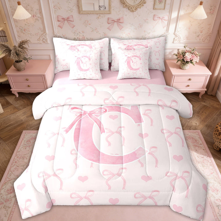 Erosebridal Pink Bowknot Bed in a Bag Twin size, Initial C Letter Bed Set, Cartoon Love Decor, Reversible