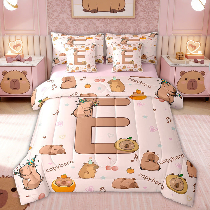 Erosebridal Kids Brown Capybara Twin Bedding Sets, Initial Letter E Bedding Comforter Set, Pink Reversible, 7-Piece
