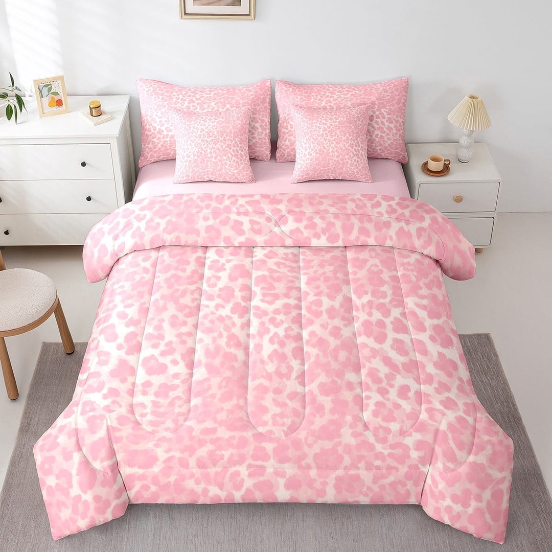 Erosebridal Pink Leopard Print Bedding Full Size, Cheetah Bed Set, Wildlife Animal Reversible Bedding Sets Full Size, Microfiber Bedroom Decoration, 7pcs