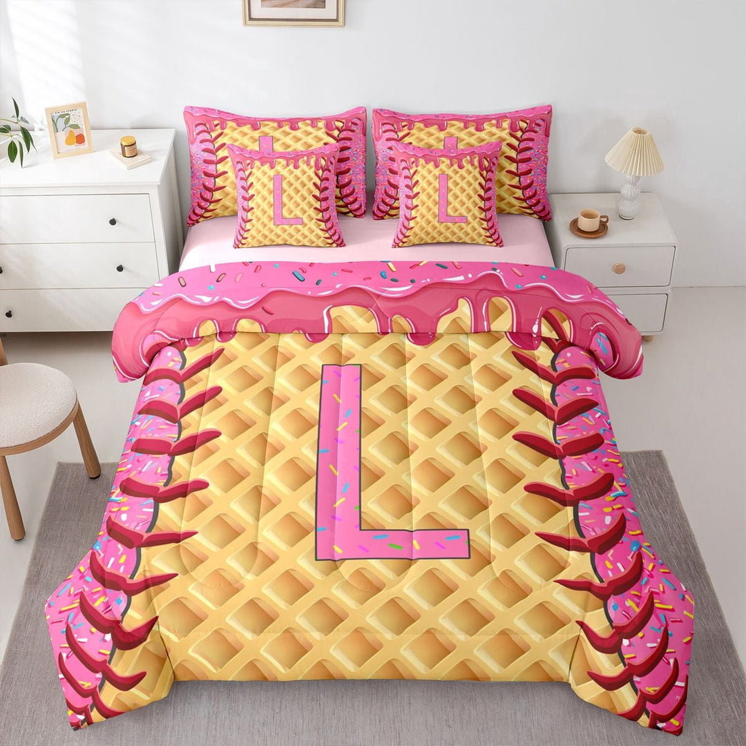 Erosebridal Cake Letter L Kids Twin Bedding Sets, Pink Ice Cream Baseball Bedding Comforter Set, 7-Piece