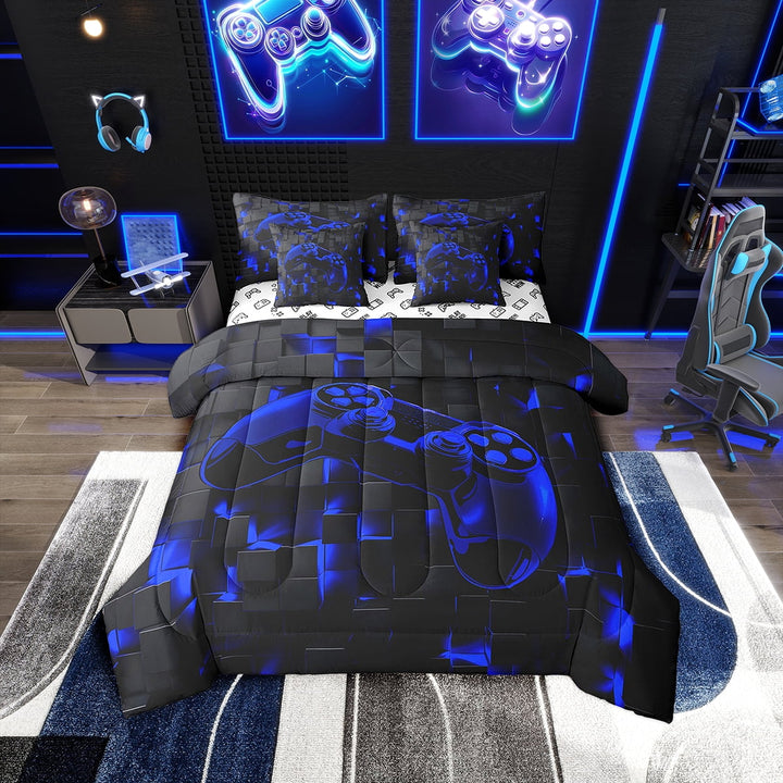 Teens Games Bedding Comforter Sets Gaming Bed in a Bag 7 Pieces, Navy Blue Futuristic Cubes Bedding Set Neon Gamepad Print Twin Size Comforter Set, Modern Abstract Buffalo Bed Set