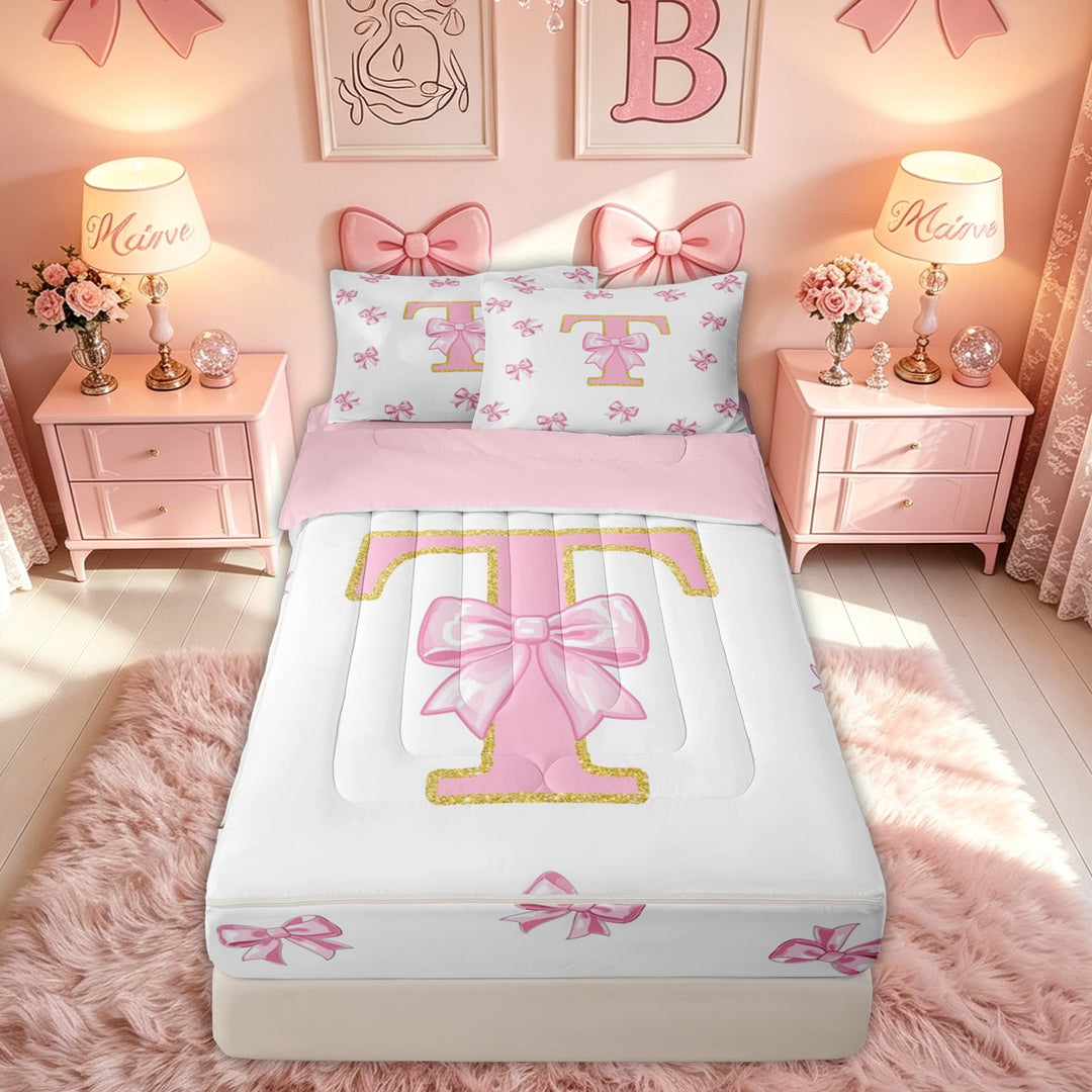 meiyoeat Princess Bow Initial T Zipper Twin Comforter Sets with Fitted Sheet and 2 Pillowcases for Women Girls, Pink Gold Fashion Alphabet Zipper Bedding Set, Pink Reversible, 4pcs