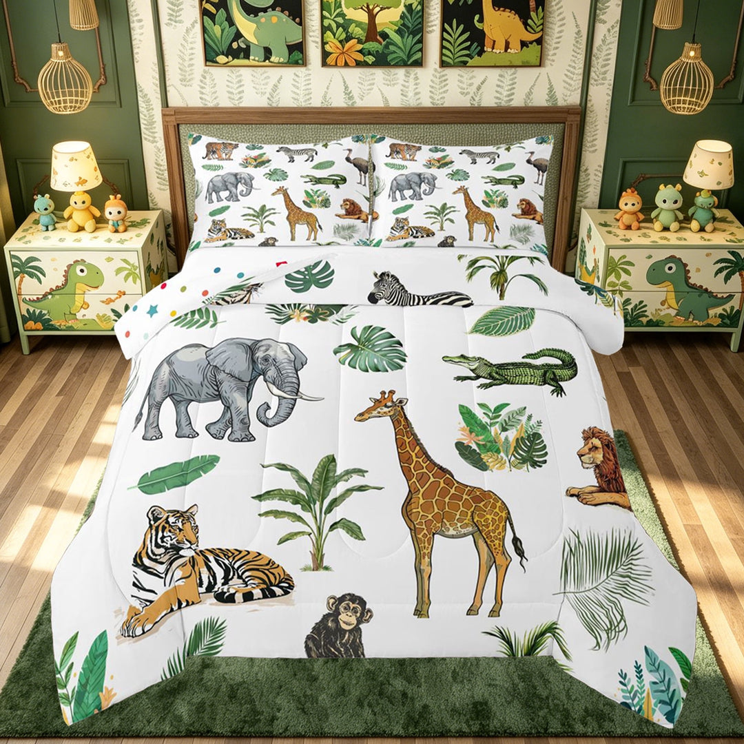 meiyoeat Elephant Lion Animal Full Size Comforter Sets for Kids Boys, Jungle Wildlife Print Bedding Comforter Set, White Green, Polkadot Reversible, 3pcs