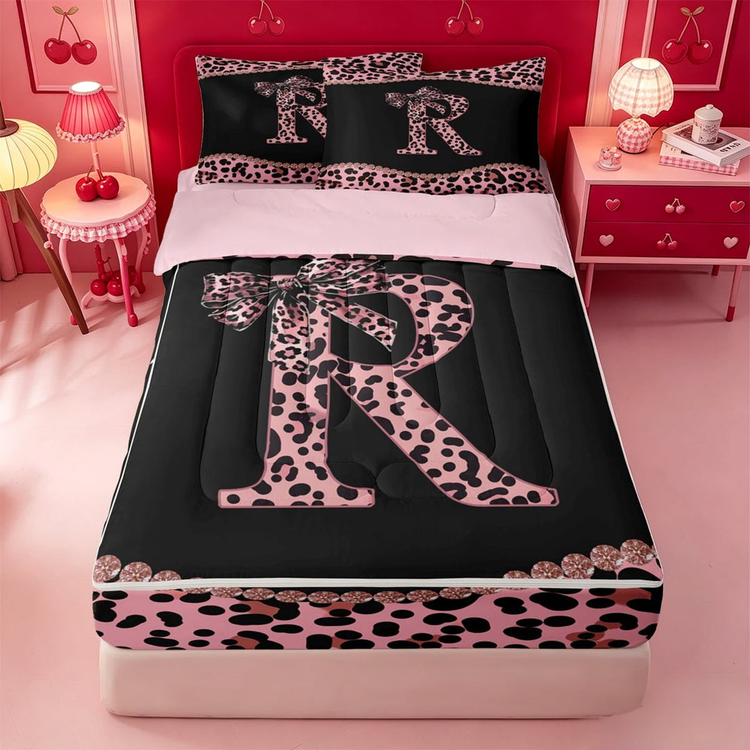 meiyoeat Dreamy Princess Bowknot Zipper Full Size Comforter Sets with Fitted Sheet and 2 Pillowcases For Girls,Cheetah Pattern Monogrammed R Print Zipper Bedding Set For Kids,pink Reversible,4-Piece