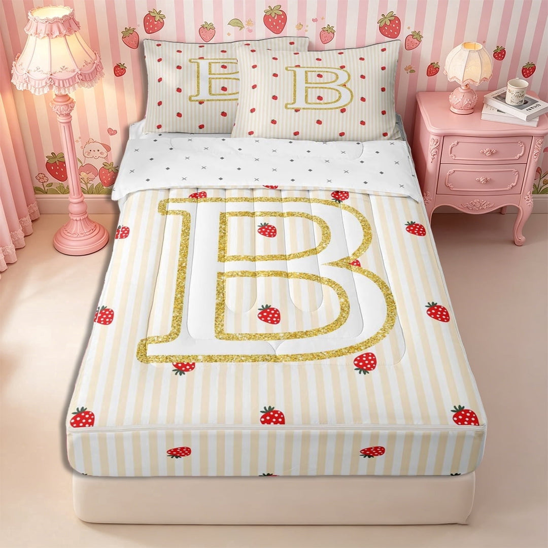 Meiyoeat Cute Strawberry Initial B Zipper Twin Comforter Sets with Fitted Sheet and 2 Pillowcases, Gold Stripe Print Zipper Bedding Set for Bedroom,4-Piece