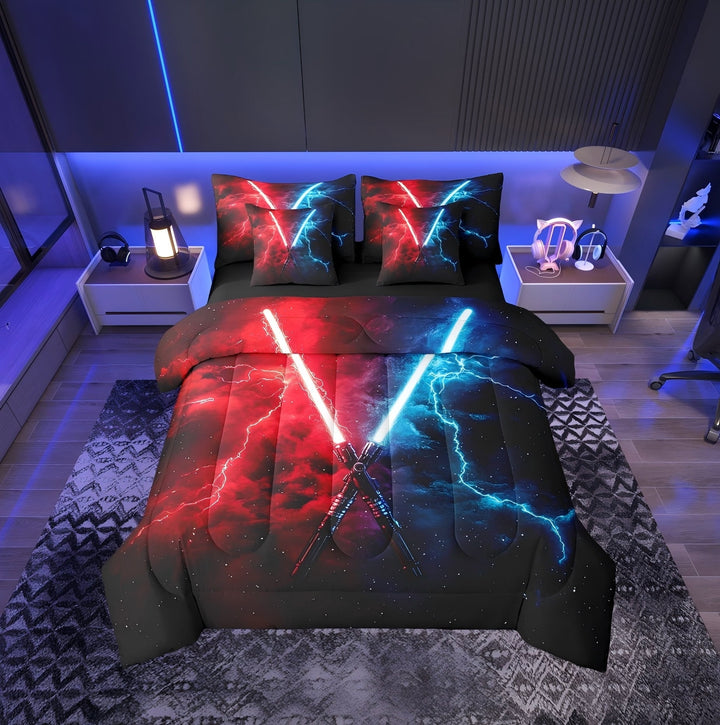 Erosebridal Chic Lightsaber Bedding Sets Twin with Comforter, Blue Red Duvet Insert, Lightning Decor, Reversible 7 Pieces