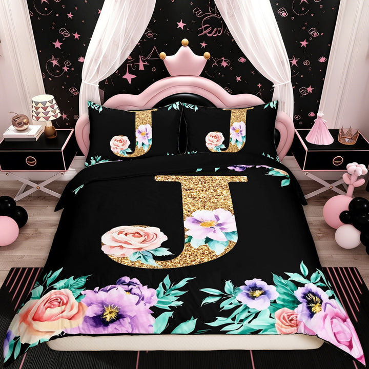 Erosebridal Cartoon Flower Floral Comforter Cover Twin for Women Girls, Vintage Monogrammed J Black Reversible Bedding Twin Size, 1 Duvet Cover and 1 Pillowcase (No Comforter)