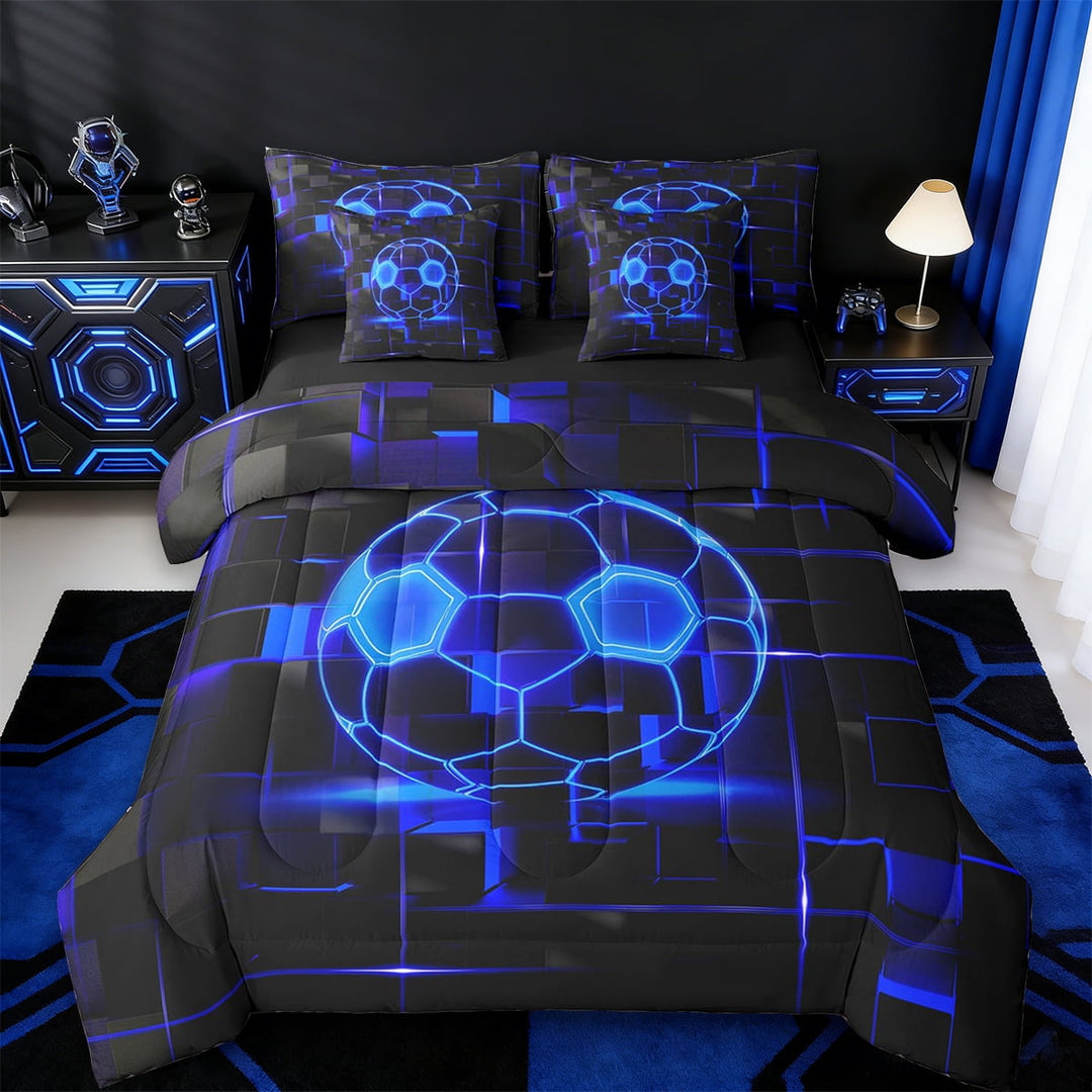 Erosebridal Ball Games Bedding Sets Twin Size,Football Sport Bedding Sets Twin Size,Blue Neon Light Ombre Geometry Bed in a Bag Twin Size,Super Cozy Room Decoration Reversible,7-Piece