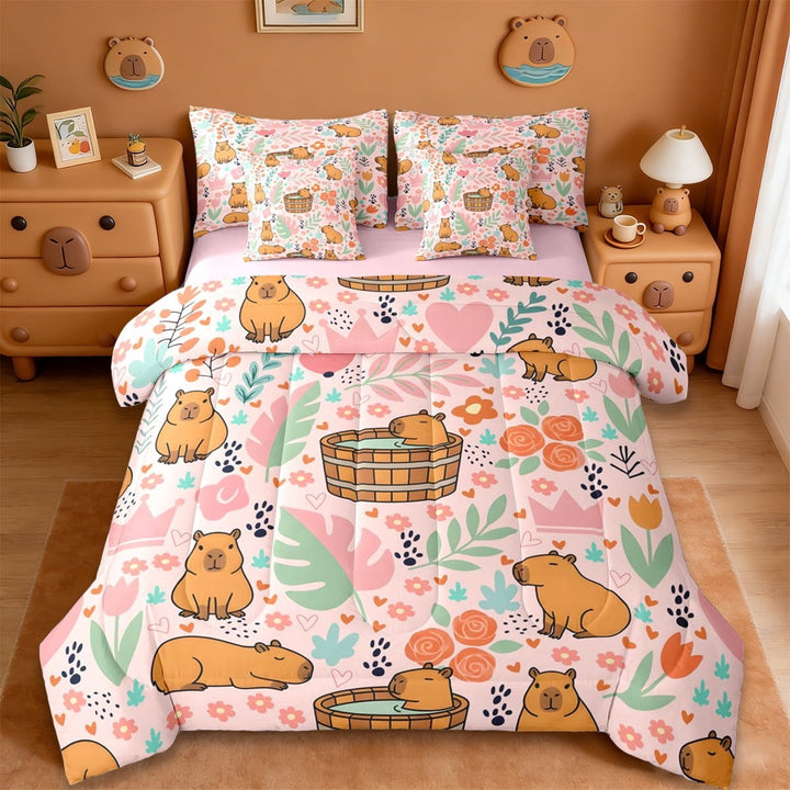 Erosebridal Cartoon Monstera Leaf 7-Piece Twin Bedding Sets,Brown Capybara Animal Rustic Flowers Bedding Comforter Set For Kids Girls ,Reversible Pink
