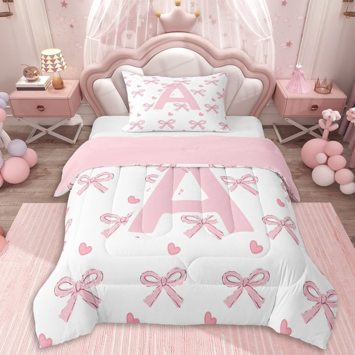 Erosebridal Personalized Initial A Twin Comforter Sets 3-Piece For Girls,Pink Ribbon Bow Bedding Set,Pink Reversible,Ultra Soft Home Decor