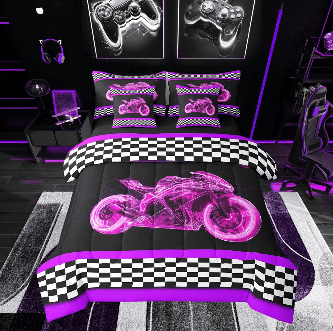 Erosebridal Dirt Bike Sports Bed in a Bag Twin size, Purple Bed Set, Speed Sports Decor, Reversible 7 Pieces