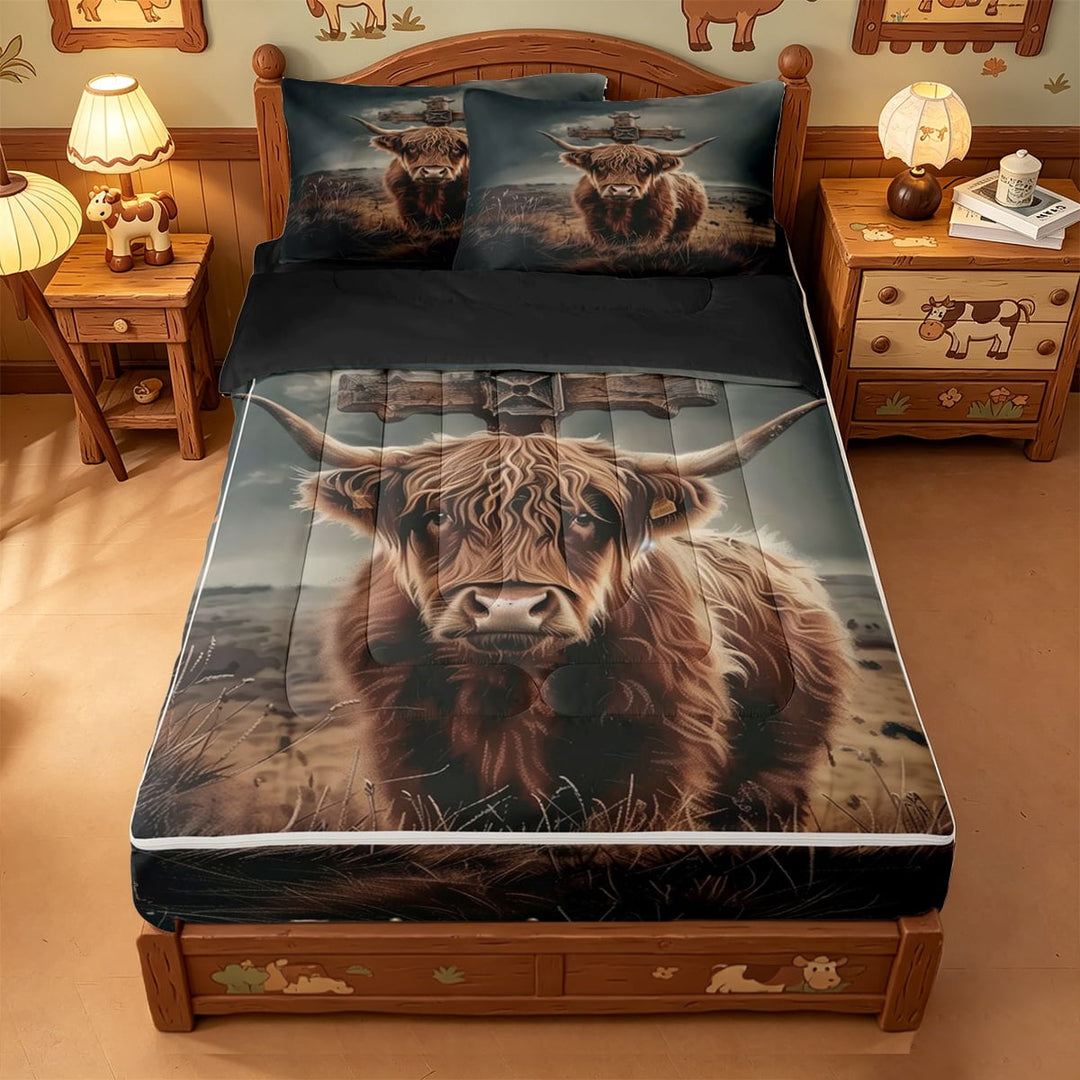 meiyoeat Rustic Highland Cow Zipper Twin Comforter Sets with Fitted Sheet and 2 Pillowcases For Boys,Western Print Zipper Bedding Set,Reversible,4 Pieces