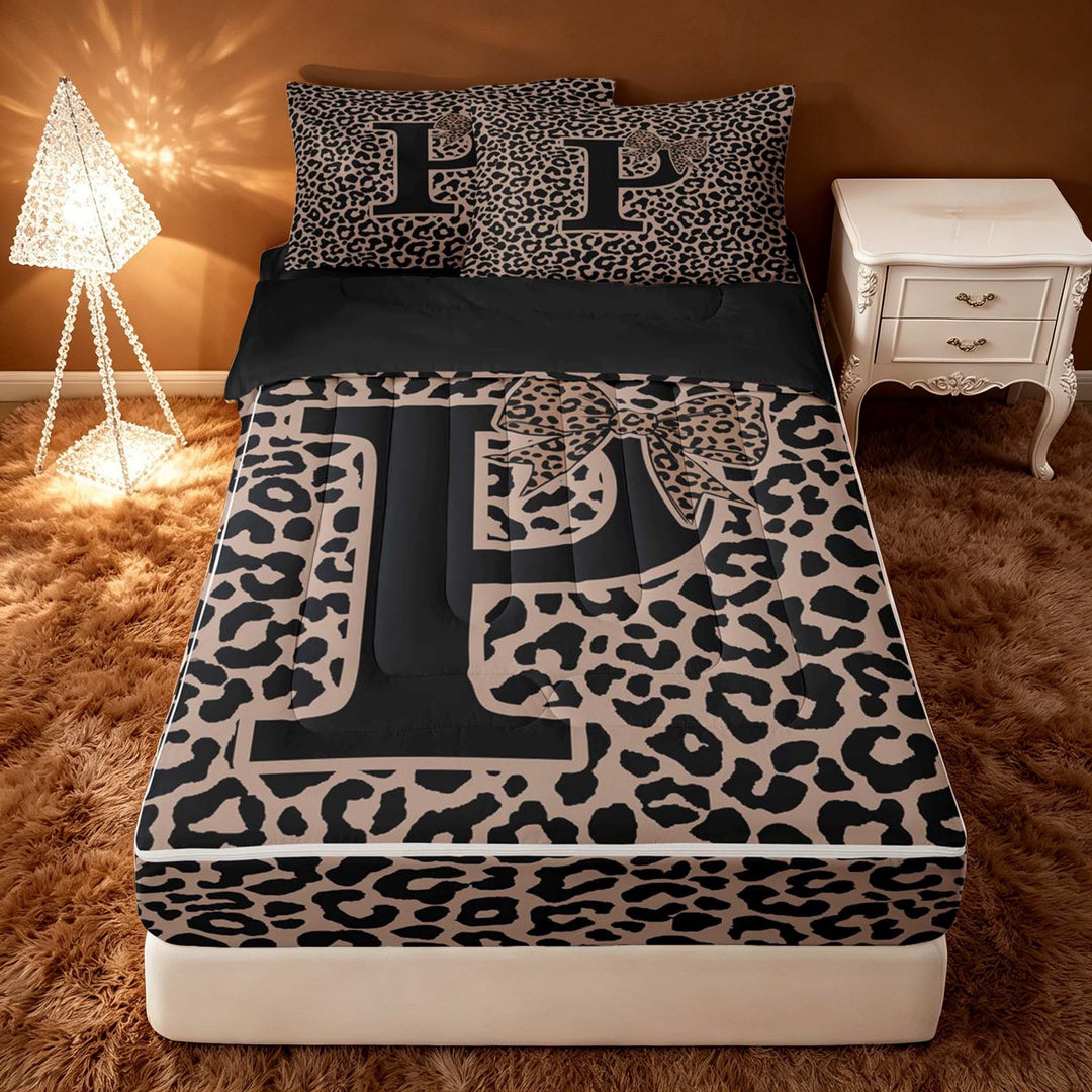 meiyoeat Leopard Print Bow Letter P Zipper Twin Comforter Sets with Fitted Sheet and 2 Pillowcases, Women Teens, Brown Animal Print Zipper Bedding Set, Black Reversible