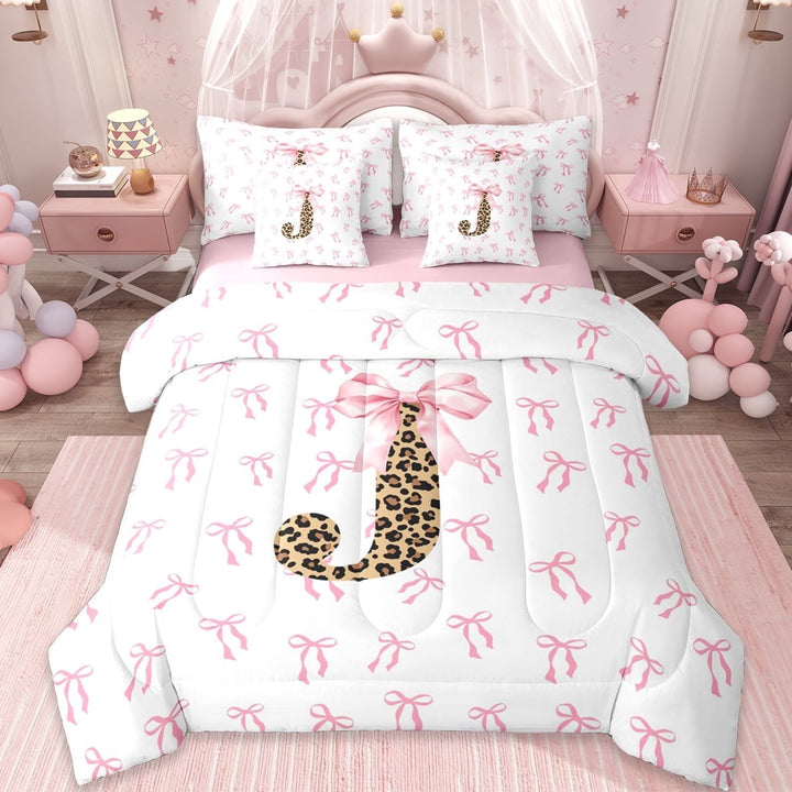 Erosebridal Dreamy Princess Bowknots 7-Piece Twin Bedding Sets,Cheetah Pattern Monogrammed J Bedding Comforter Set For Girly,Reversible