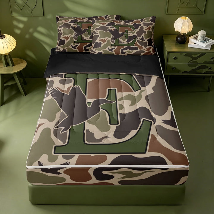 meiyoeat Camouflage Duck Initial E Zipper Full Size Comforter Sets with Fitted Sheet and 2 Pillowcases For Boys,Country Farmhouse Hunting Themed Zipper Bedding Set,Black Reversible,4-Piece