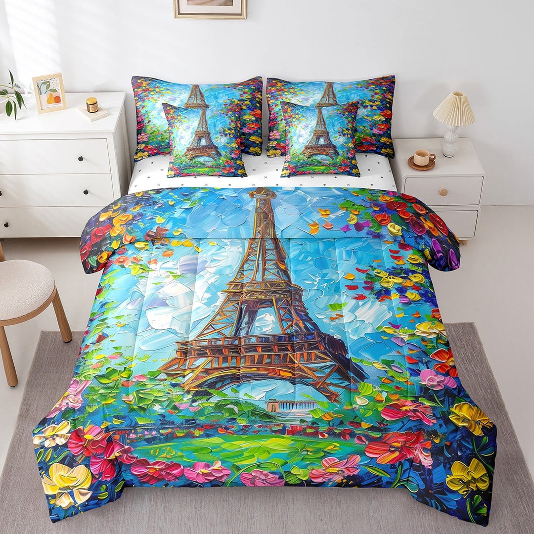 Eiffel Tower Comforter Set - 7 Pieces Bed in a Bag City Building Of Paris King Bedding Comforter Sets,Romantic France Oil Painting Flowers Comforter with Fitted Sheets,Flat Sheets,Pillowcases &amp; Shams