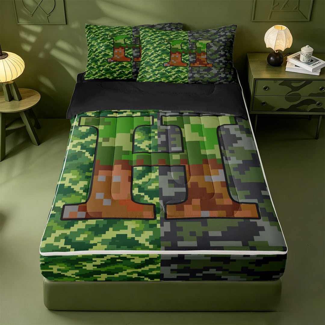 meiyoeat Pixelated Miners Style Monogram Zipper Full Size Comforter Sets with Fitted Sheet and 2 Pillowcases For Boys,Boys Gamepad Game Theme Zipper Bedding Set,Black Reversible,4-Piece