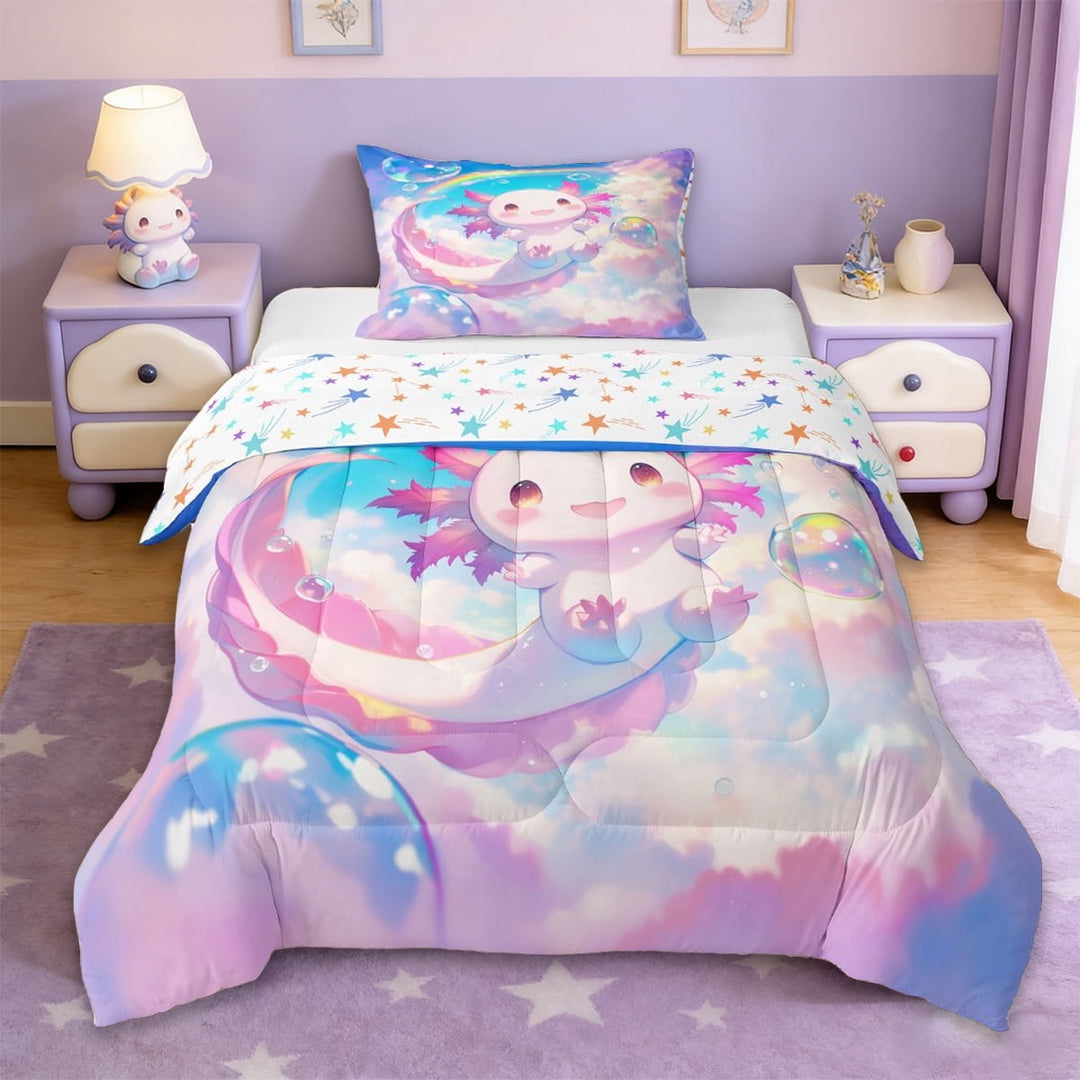 Erosebridal Kawaii Axolotl Twin Comforter Sets,Watercolor Ocean Animal Bedding Set For Girls Boys, Reversible 2pcs