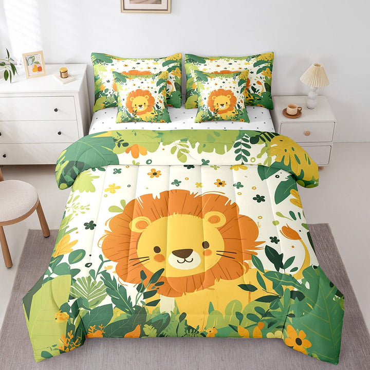 7 Piece Lion Twin Comforter Set with Sheets,Jungle Animal Print Bed in a Bag Wildlife Bedroom Decor,Green Leaves Plant Bedding Set with Fitted Sheet,Flat Sheet,Pillowcases &amp; Shams