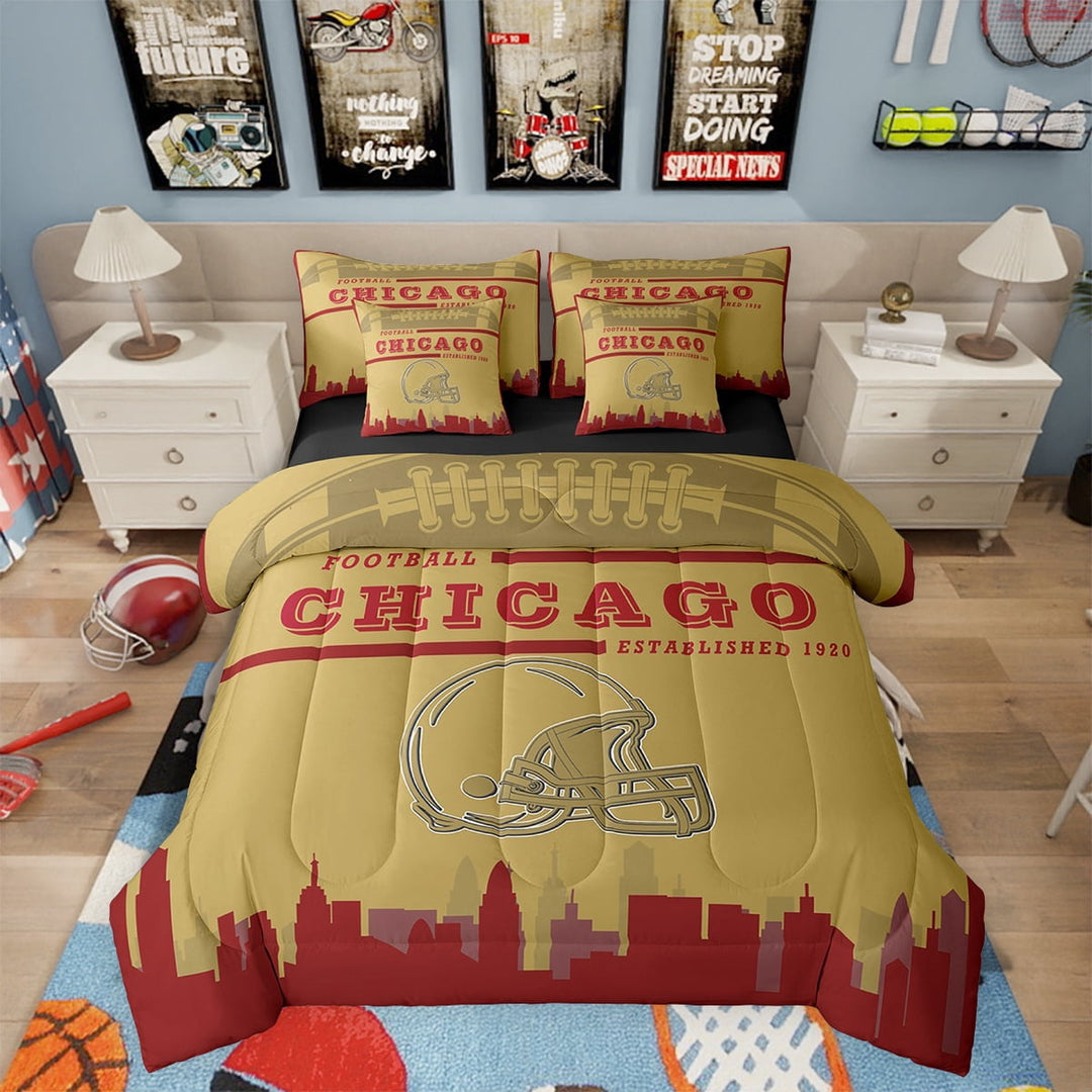 Football Bed in a Bag Full 7 Piece,Sports Bedding Sets,American Football Fans Bed Set Rugby Player Honey Yellow Red Comforter Set with Sheets Football Lovers Sheets (Chicago)