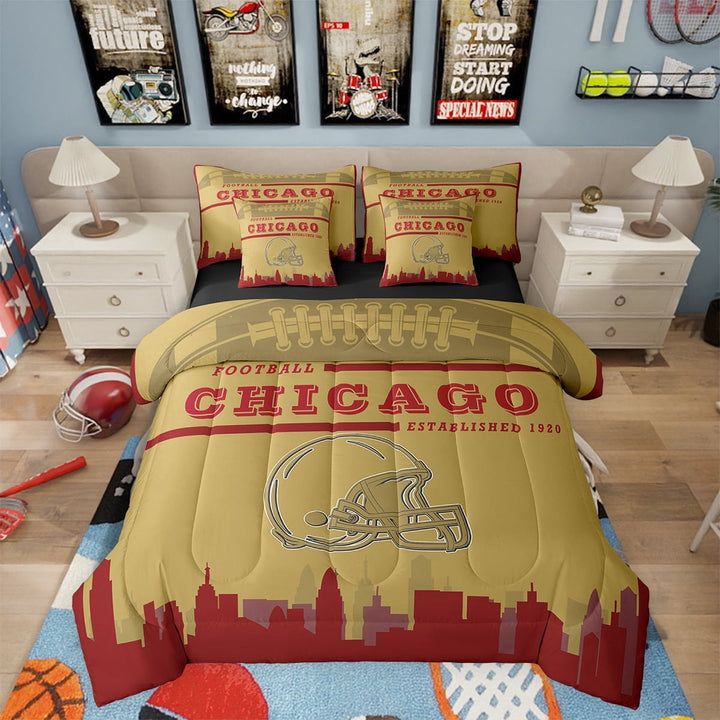 Football Bed in a Bag Full 7 Piece,Sports Bedding Sets,American Football Fans Bed Set Rugby Player Honey Yellow Red Comforter Set with Sheets Football Lovers Sheets (Chicago)