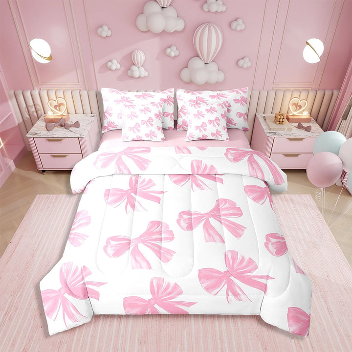 Erosebridal Pink White Bow Bedding Set 7 Piece,Cute Bowknot Twin Comforter Set,Kawaii Girly Bow Bed In A Bag,Twin Size Bed Sets Cute For Girls