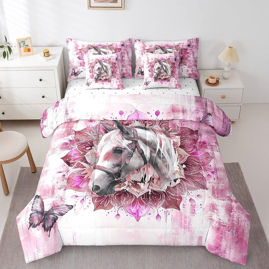Safari Horse Bed in a Bag 7-Piece Farm Animal Bedding Set,Bohemian Mandala Twin Size Comforter Set Pink Ombre Bedding Comforter Sets,Chic Butterfly Bed Set