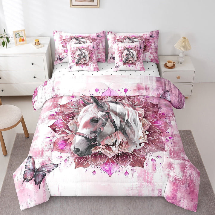 Safari Horse Bed in a Bag 7-Piece Farm Animal Bedding Set,Bohemian Mandala Twin Size Comforter Set Pink Ombre Bedding Comforter Sets,Chic Butterfly Bed Set