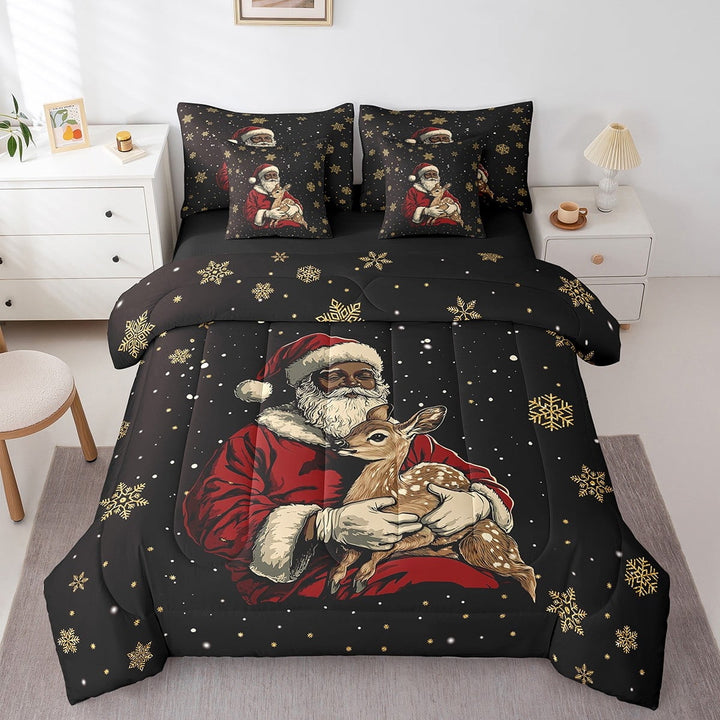 7-Piece Afro-American Christmas Bedding Sets Black Santa Claus Comforter Set, Black American Christmas Decor Comforter Xmas Reindeer Christmas Bed Set King