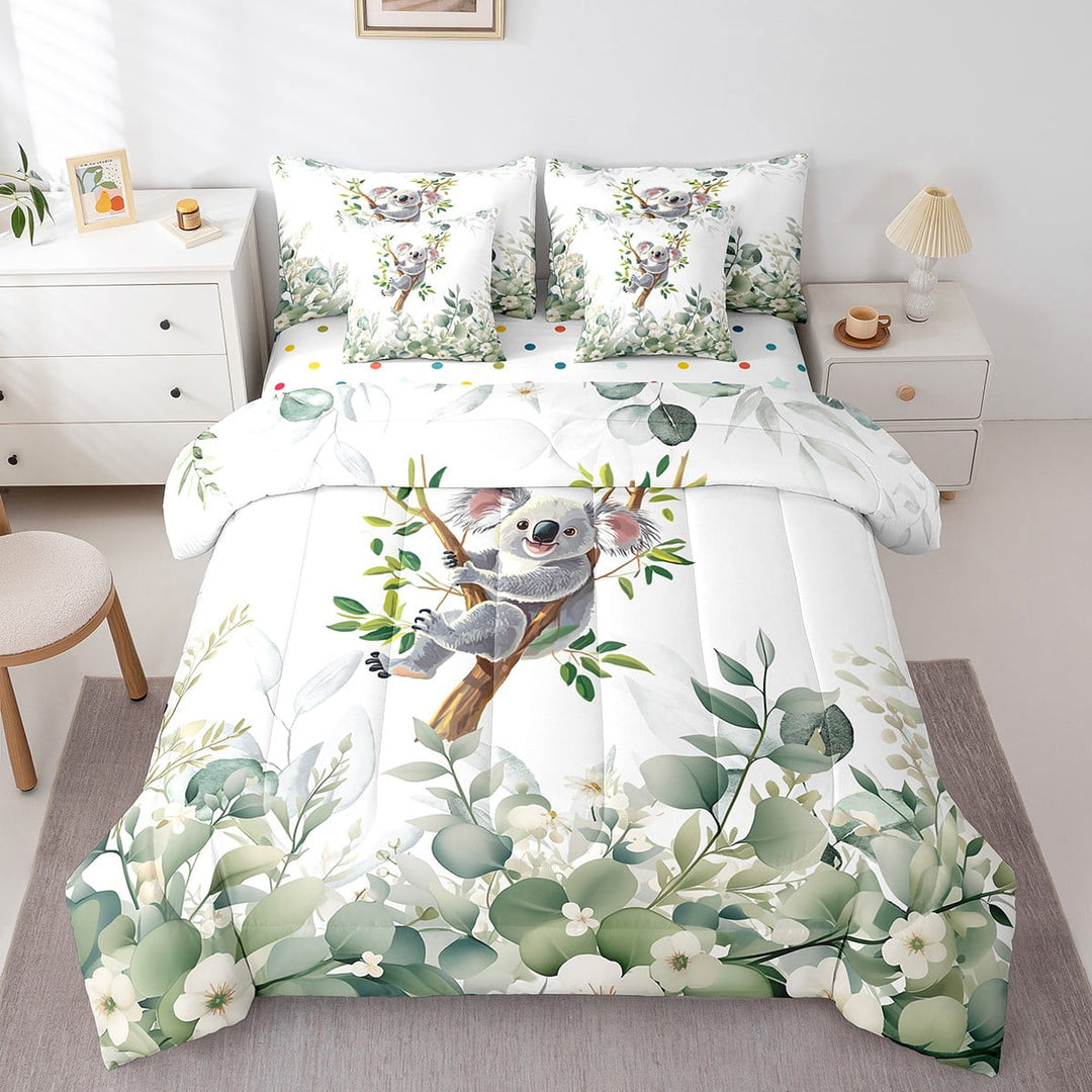 Cute Animal Twin Comforter Set 7 Pieces Cartoon Koala Bedding Comforter Sets, Eucalyptus Bed in a Bag Watercolor Leaves Bedding Set, Kawaii Woodland Animal Bed Sheets Set