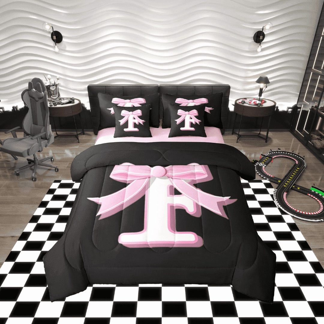 Erosebridal Initial Letter F Bed in a Bag Twin size, Black Pink Bed Set, Kawaii Bow-tie Reversible Bedding Twin Size, Lightweight Room Decorative, 7pcs