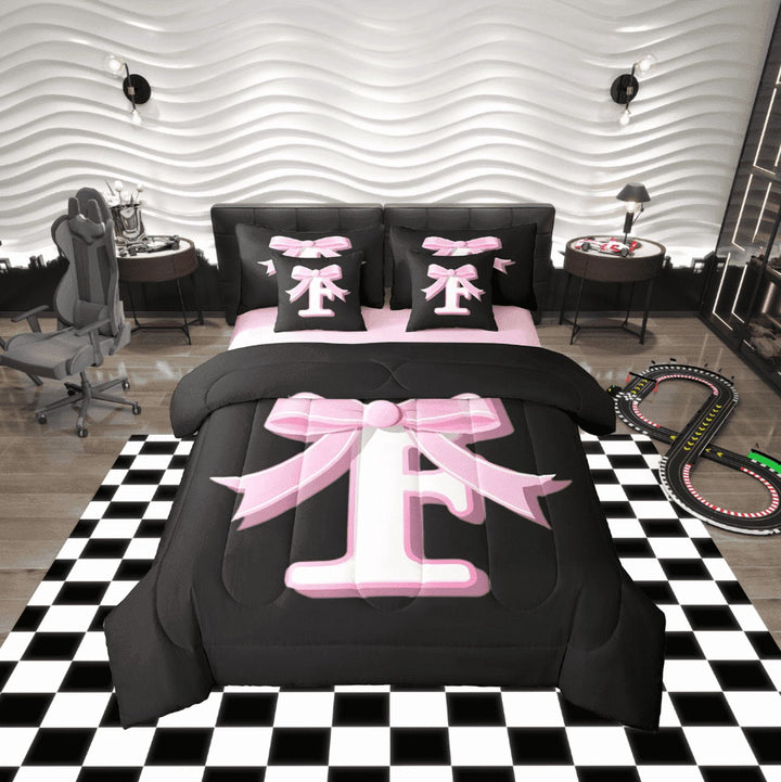 Erosebridal Initial Letter F Bed in a Bag Twin size, Black Pink Bed Set, Kawaii Bow-tie Reversible Bedding Twin Size, Lightweight Room Decorative, 7pcs