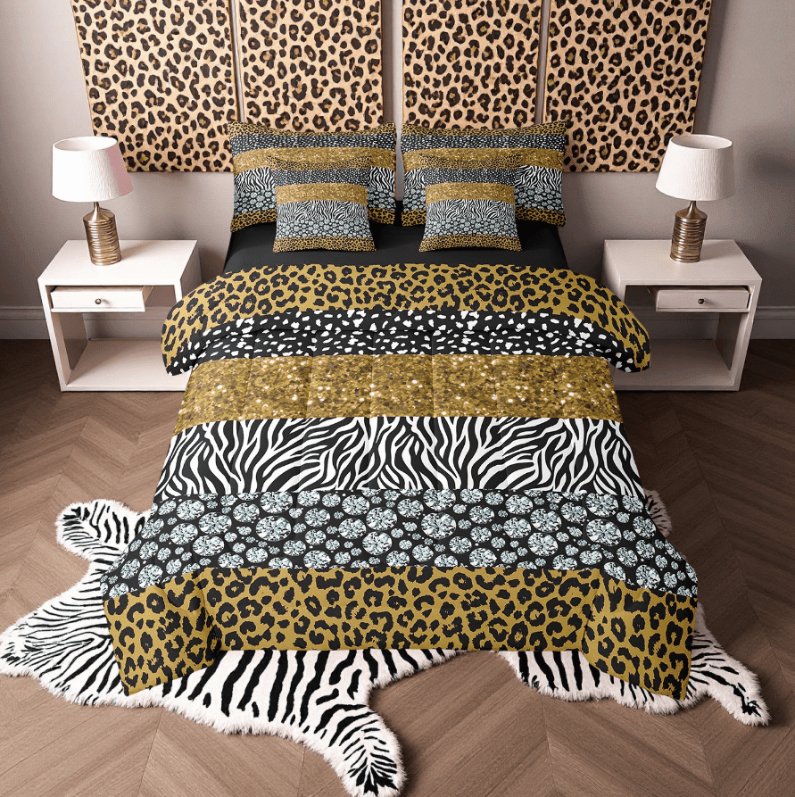 7Pcs Cheetah Print Bedding Sets Queen, Watercolor Yellow Diamond Glitter Pattern Comforter Set, Leopard Print Comforter + Flat Sheet + Fitted Sheet + 2 Pillowcases + 2 Throw Pillow Covers