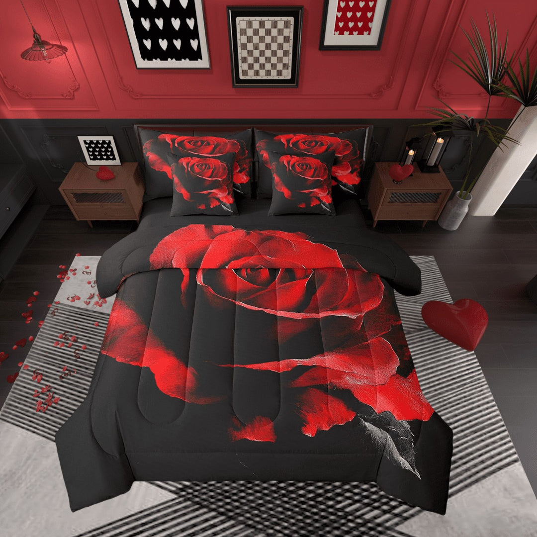 Queen Flower Comforter Sets 7Pcs Women Couple,Rose Bedding Set with Sheets Bed in a Bag,Red Black Floral Bed Sheets Set,Romantic Valentine Day Down Comforter with 2 Pillowcases