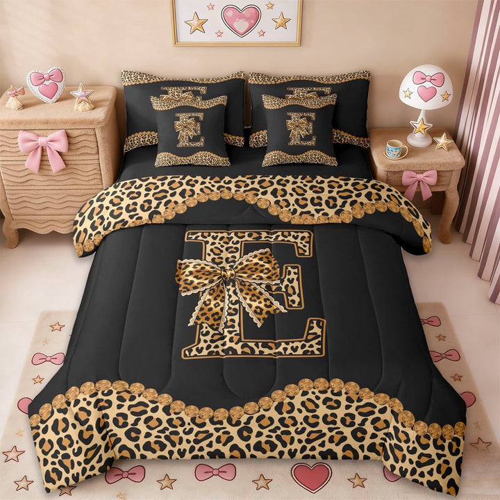 Erosebridal Brown Leopard Print 7-Piece Twin Bedding Sets,Cheetah Bowknot Letter E Alphabet Bedding Comforter Set For Girls Kids,Black Reversible