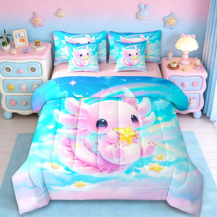 Erosebridal Teen Girl Axolotl 7-Piece Twin Bedding Sets,Cute Axolotl Cartoon Ocean Sealife Bedding Comforter Set,Reversible