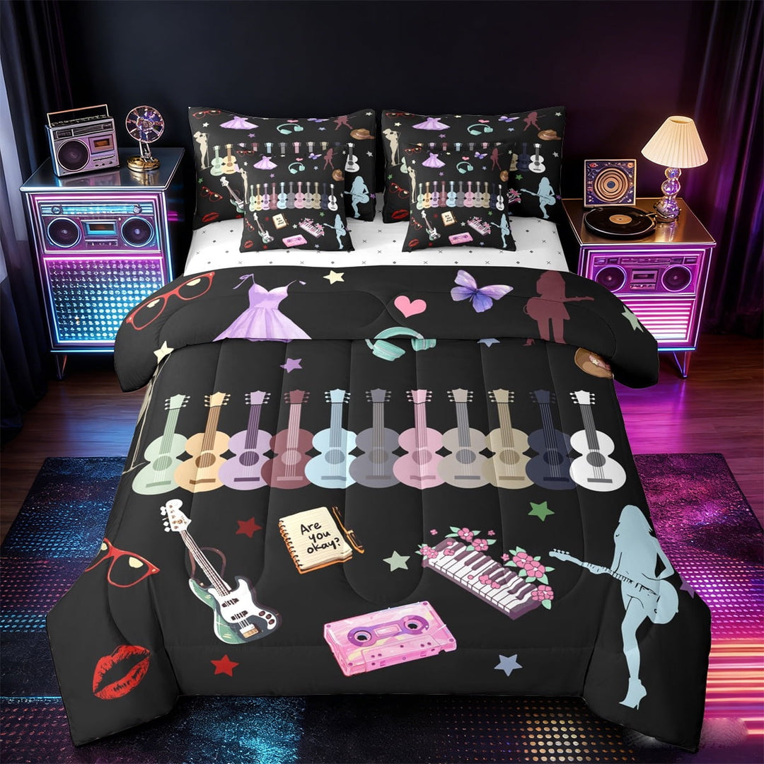 Manfei Black Musical Themed Twin Bedding Sets 7-Piece,Music Lovers Gifts Bedding Comforter Set,Butterflies Stars Pinao Sheet Sets For Child,Ultra Soft Home Decor