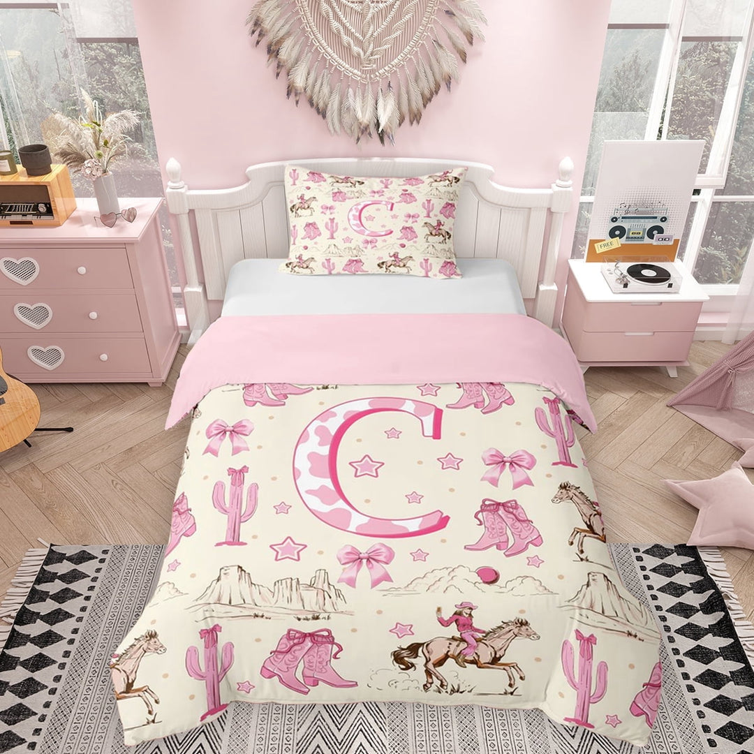 Erosebridal Western Cowgirl Twin Bedding for Girls, C Letter Duvet Cover Set, Pink Reversible, 1 Duvet Cover and 1 Pillowcase (No Comforter)