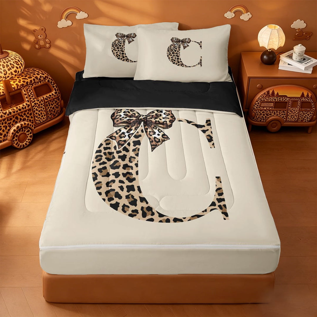 meiyoeat cheetah Print Letter Design Zipper Twin Comforter Sets with Fitted Sheet and 2 Pillowcases,Leopard Bow Tie Monogram C Zipper Bedding Set,Black Reversible,4 Pieces