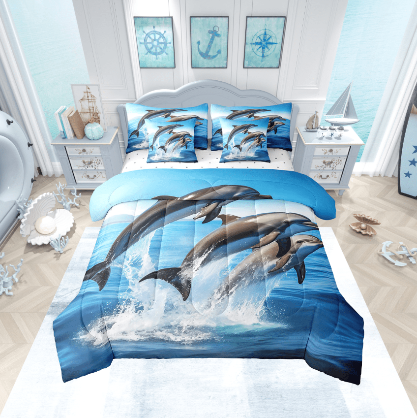 Sea Dolphin Comforter Set Queen 7 Piece Blue Ocean Marine Life Animal Bed in a Bag,Coastal Beach Bedding Set (1 Comforter,1 Fitted Sheet,1 Flat Sheet,2 Pillowcases,2 Throw Pillow Covers)